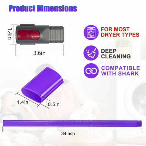 Product dimensions and components of Dryer Vent Cleaning Kit For V7 V8 V10 V11 V12 V15 Cordless Vacs Deep Lint Removal Crevice Hose