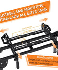Adjustable saw mounting on Built Tough Folding Miter Saw Stand with dimensions for various miter saws, 440 lbs capacity.