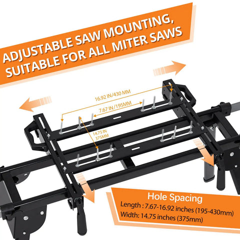 Adjustable saw mounting on Built Tough Folding Miter Saw Stand with dimensions for various miter saws, 440 lbs capacity.