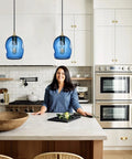Dope Capri Blue Glass Pendant Lights Hand Blown Organic Globe With Gold Accents For Kitchen Island Ceiling Fixtures