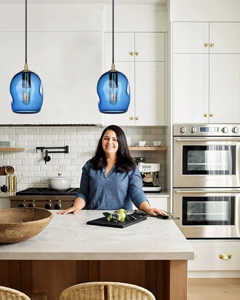 Dope Capri Blue Glass Pendant Lights Hand Blown Organic Globe With Gold Accents For Kitchen Island Ceiling Fixtures