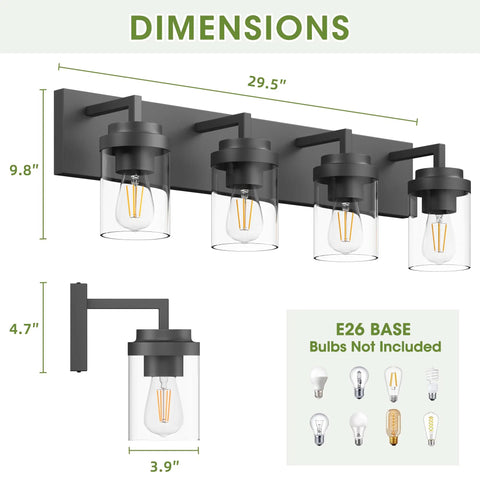 Dimensions for Dope Matte Black Vanity Light With Clear Glass Shades 30 Inch Farmhouse Bathroom Fixture For Over Mirror Durable Black Frame Bath Lighting Modern Rustic Style Easy Install