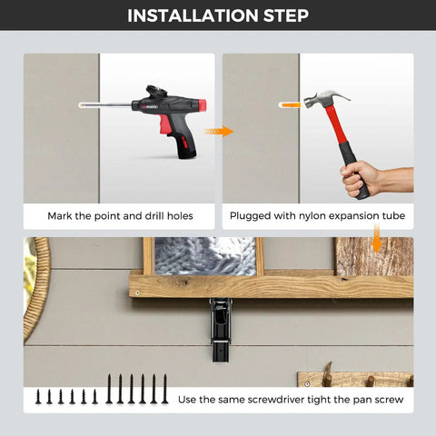 Installation steps showing Rugged Matte Black Folding Shelf Brackets, 12 Inch Wall Mounted Hardware for garage and workshop.