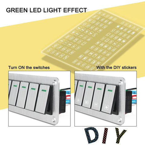Green LED light Eight Gang Aluminum Rocker Switch Panel For 12V And 24V Systems, and DIY stickers for marine use