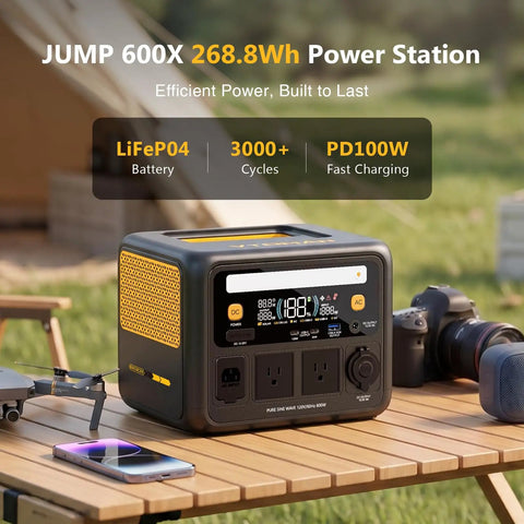 600W Portable Power Station With 268.8Wh Lifepo4 Battery And Pure Sine Wave Output on picnic table outdoors.