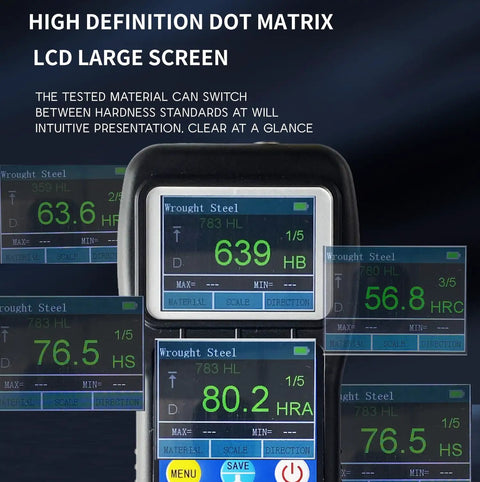 Portable Brinell Hardness Tester NDT230 With Color Screen displaying test results for various materials in bright screen view.