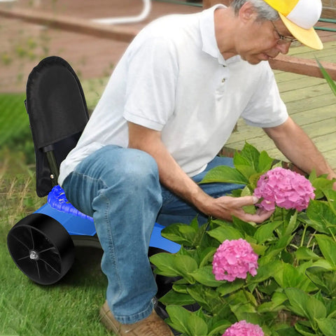 Man gardening with Garden Cart Rolling Stool With Four Wheels And Tool Bag Adjustable Seat Height And Direction Sturdy Yard Work Ready 300 Lb Capacity Rust Resistant Metal Includes Handy Tray Blue.