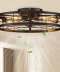 Premium Caged Ceiling Fan And Light With Remote Flush Mount Farmhouse Style Bladeless Design For Kitchen Bedroom, black metal with warm bulbs.