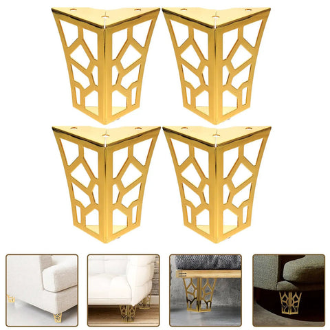 4 Pack Iron Furniture Legs for Couch Dresser Cabinet and Wardrobe Replacement Feet Lightweight Oxidation Resistant Beefy Rugged and Durable Sofa Feet Easy to Install in gold finish, shown on furniture pieces.