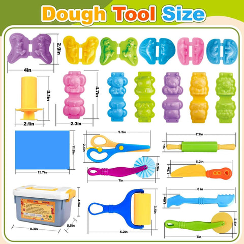 Front view of Amazon Dough Play Tools Set for Kids, 22 pcs with storage box, silicone mat, rolling pins and molds