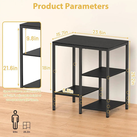 4 Tier Adjustable Kitchen Microwave Stand With Storage And Rustic Metal Bakers Rack In Coal Black, dimensions displayed