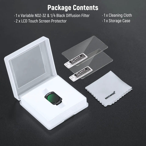 Package contents with Variable ND And 1/4 Black Diffusion Filter for DJI Osmo Pocket, screen protectors, cloth, and case.