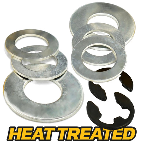 Heat treated thrust washers and E clips for Front Wheel Bushing To Bearing Conversion Kit For 1.375 In Rim And 0.750 In Axle