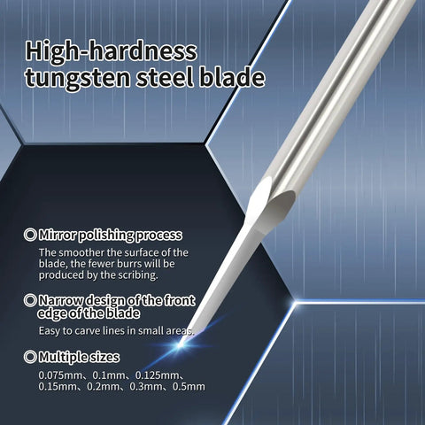 Close-up of a Pro Grade 7 Piece Tungsten Steel Scribing Tool Set blade, highlighting its high-hardness and various sizes