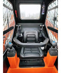 Interior view of Compact Mini Track Skid Steer Loader Workhorse for construction, featuring seat and control levers.