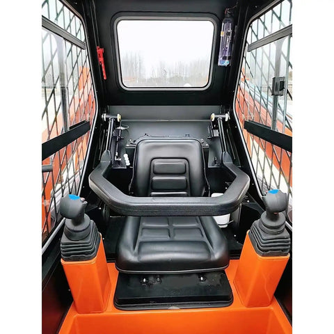 Interior view of Compact Mini Track Skid Steer Loader Workhorse for construction, featuring seat and control levers.