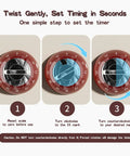 Guide showing how to set the 60 Minute Magnetic Timer For Fridge Magnet And Kitchen Use using simple steps, red design.