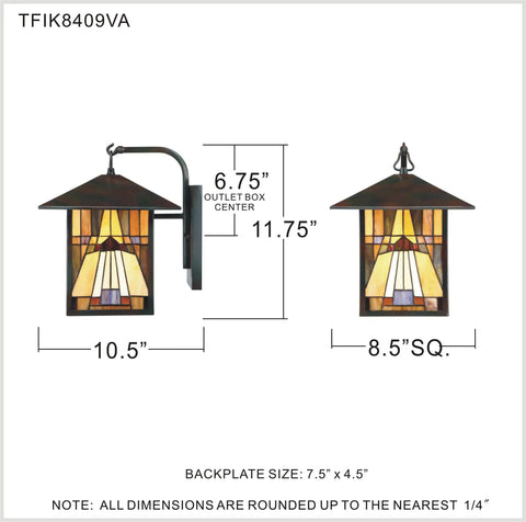 Tiffany Style Outdoor Wall Lantern With Handcrafted Orange Yellow Brown Art Glass Geometric Classic Design 1 Light 100W Bronze