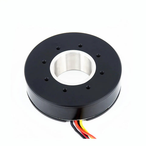 Top Shelf High Torque Dc Brushless Motor With Flat Gimbal Hollow Shaft And Built In Hall Sensor, 90mm black round body with wires.