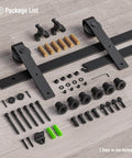 4 Foot Single Sliding Barn Door Hardware Kit Black With Carbon Steel Hangers And Flat Track System components laid out