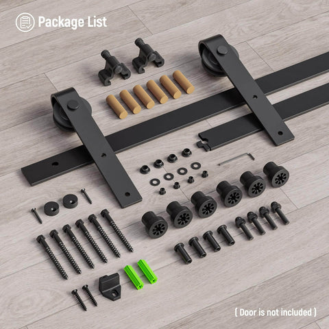 4 Foot Single Sliding Barn Door Hardware Kit Black With Carbon Steel Hangers And Flat Track System components laid out