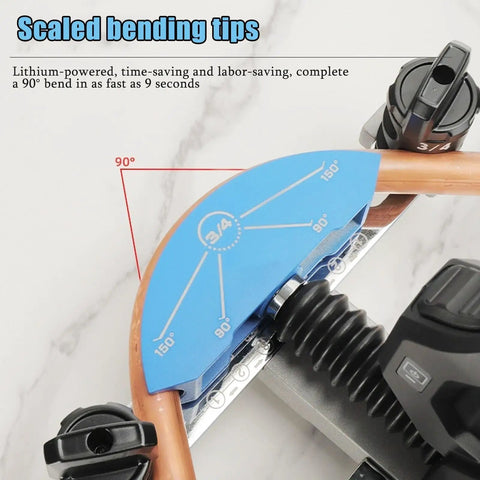 Scaled bending tips for rechargeable electric pipe bender kit for copper tubing includes 2.0Ah battery hydraulic one handed design.