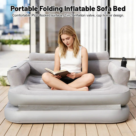 Full Size Inflatable Sofa Bed With Air Pump Easy Inflate Couch in use on a patio, supports up to 440 lb