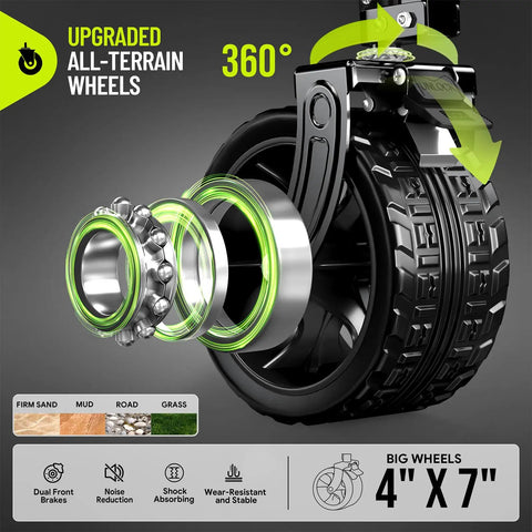 Close-up of 360° all-terrain wheel from 400L Ultra Large Collapsible Wagon With Big Wheels For Easy Hauling Massive 400 Liter Capacity Ultra Quick Fold To Six Times Smaller Durable Frame And All Weather Black Finish Haul Like A Boss