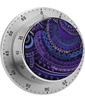 Purple Tribal Pattern Stainless Steel Timer With Magnetic Base Dope Countdown Timer For Kitchen Gym Office And Home Cooking Baking And Workouts Durable Metal Housing For Everyday Use, 3.1in dia, close-up.