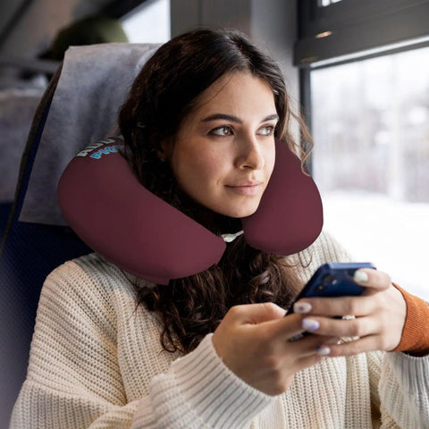Woman using Custom U Shaped Neck Pillow With Your Design, Personalized Memory Foam Travel Pillow, Maroon Color on a train