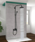 Matte Black Exposed Pipe Shower System With 8 Inch Rain Shower Head And Brass Fixture Dual Function Shower Faucet in bathroom.