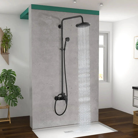 Matte Black Exposed Pipe Shower System With 8 Inch Rain Shower Head And Brass Fixture Dual Function Shower Faucet in bathroom.