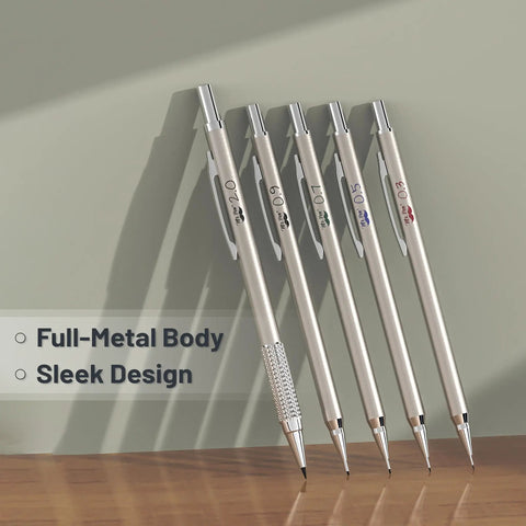 All Metal Mechanical Pencil Set Built For Drafting And Sketching With Five Lead Sizes in sleek silver design