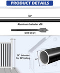 50 Pack 36 Inch Aluminum Deck Balusters Round Black Metal Spindles Top Tier Railing Posts with drill bit for installation.