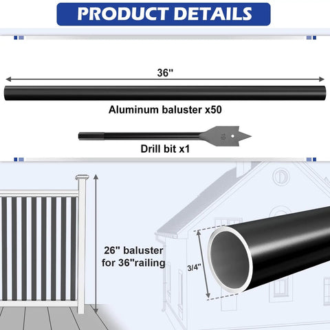 50 Pack 36 Inch Aluminum Deck Balusters Round Black Metal Spindles Top Tier Railing Posts with drill bit for installation.