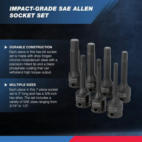 3/8 Inch Drive Allen Socket Set With 3 Inch Length, Impact-Grade Hex Bits, SAE Range 3/16 To 1/2 Inch, CrMo Steel