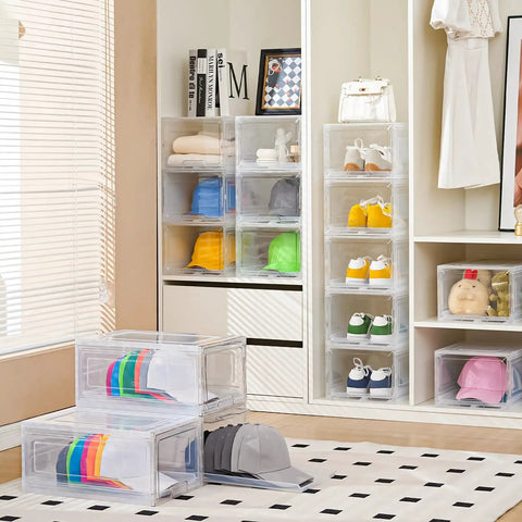 Sleek Stackable Clear Hat Organizer Two Pack With Smooth Glide Drawers Holds A Dozen Baseball Caps Each, showcased in a stylish closet.