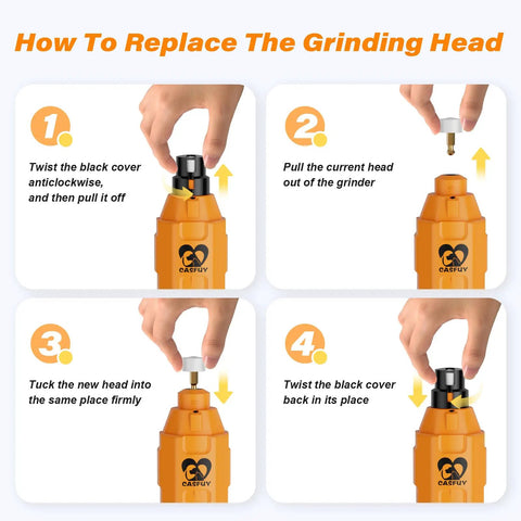 Step-by-step guide for replacing grinding head on Casfuy dog nail grinder for N10 N20 N30 models with images of replacement process.