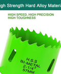 Bi-metal hole saw, green, 2-1/4 in (57 mm) size for metal, PVC, and wood