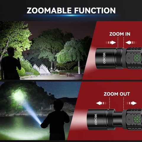 Rechargeable LED Flashlight 1000 Lumens With Dual Switch, Adjustable Focus used outdoors demonstrating zoomable function