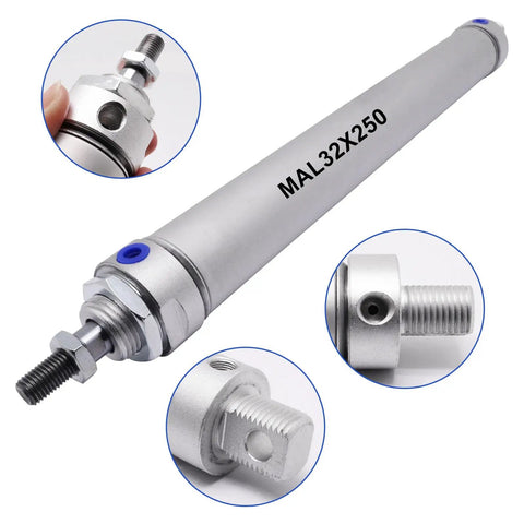 Close-up of Compact 32mm Bore 250mm Stroke Pneumatic Air Cylinder Double Acting Single Rod With Y Connector And Two Quick Fittings MAL32X250