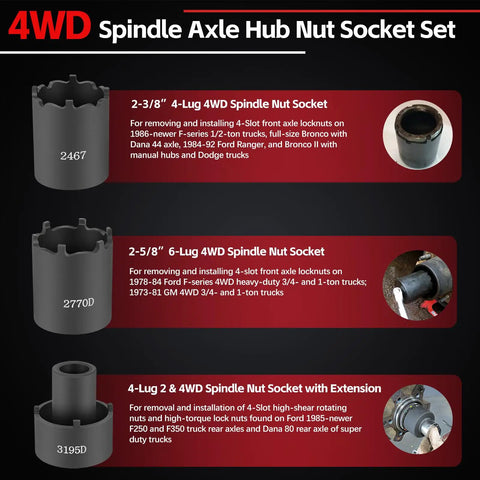 Six Piece Spindle Nut Socket Set With One Half Inch Drive For Ford F250 F350 Dana Axles Toyota GM Chevy Dodge Spindle Lock Nut Removal And Installation Kit Lug Out Tool showing socket specifications and uses