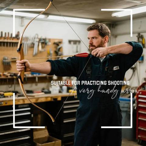 Person demonstrating 33 Inch Handmade Wooden Archery Arrows Set with Turkey Feather Fletching in workshop setting