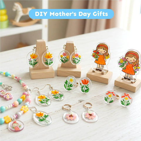 All In One Shrink Plastic Craft Kit For DIY Keychains And Shrink Art With 198 Pieces displayed with floral designs and accessories