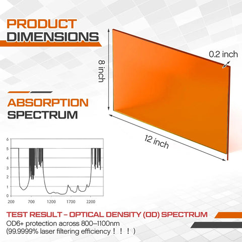 No Nonsense Heavy Duty Orange Laser Safety Shield featuring solid optical density filter with dimensions 12 by 8 inches.