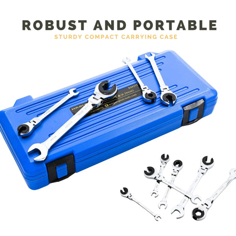 72-Tooth Ratcheting Wrench Set With Open Flex-Head, 180-Degree Pivot, And 12-Piece Tubing Wrench Kit in blue case