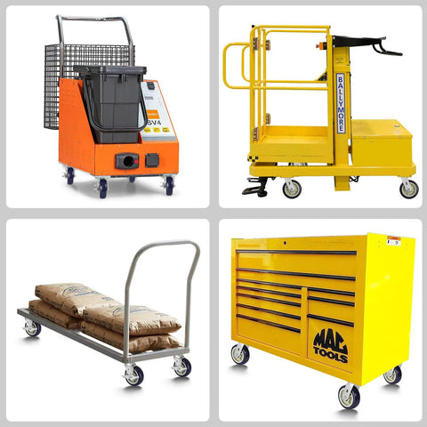Assorted industrial carts and equipment with heavy duty 6 inch by 2 inch caster wheels with polyurethane tread on polypropylene core.