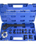 Pro Shop Grade Camshaft Pulley Holder Tool Set Drop In Setup with durable blue plastic case for VW Audi Skoda timing belt swaps.