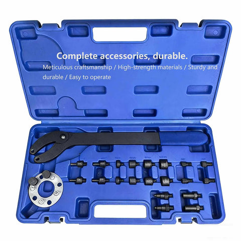 Pro Shop Grade Camshaft Pulley Holder Tool Set Drop In Setup with durable blue plastic case for VW Audi Skoda timing belt swaps.