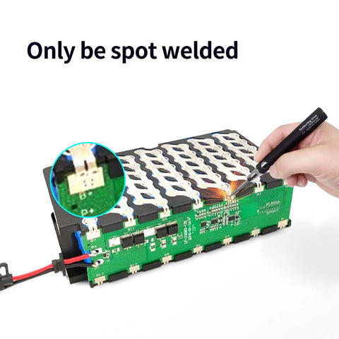 Slam Dunk 48V DIY Battery Case Kit With 30A BMS Guard showing the internal components and spot welding point for secure assembly.